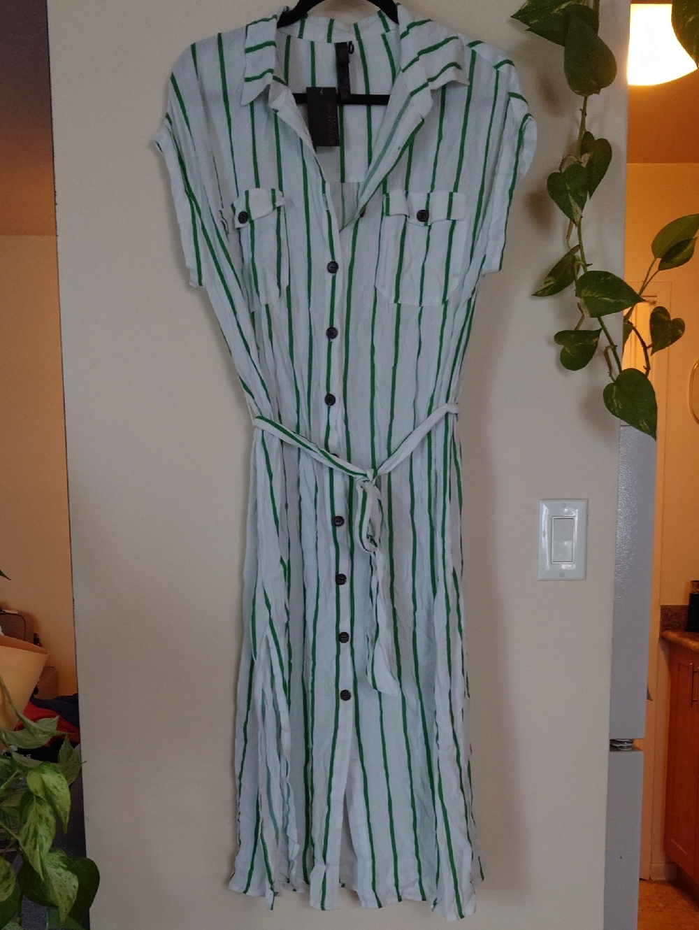 La Vie En Rose Green and White Striped Midi Shirt Dress